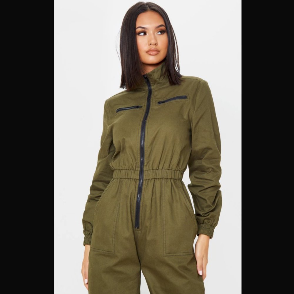 Khaki Utility Contrast Zip Jumpsuit